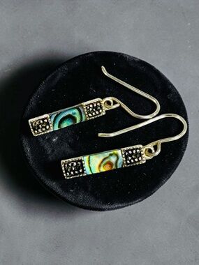 Sterling Silver Abalone Inlay Marcasite Accent Hook Earrings Dangle Drop Signed
